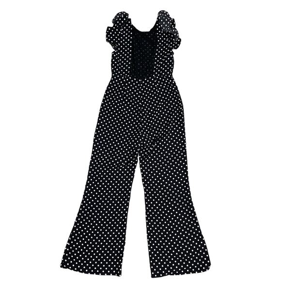 Sugar Lips Black & White Polka Dot Flitter Sleeve Open Back Jumpsuit Size Large - Picture 2 of 11